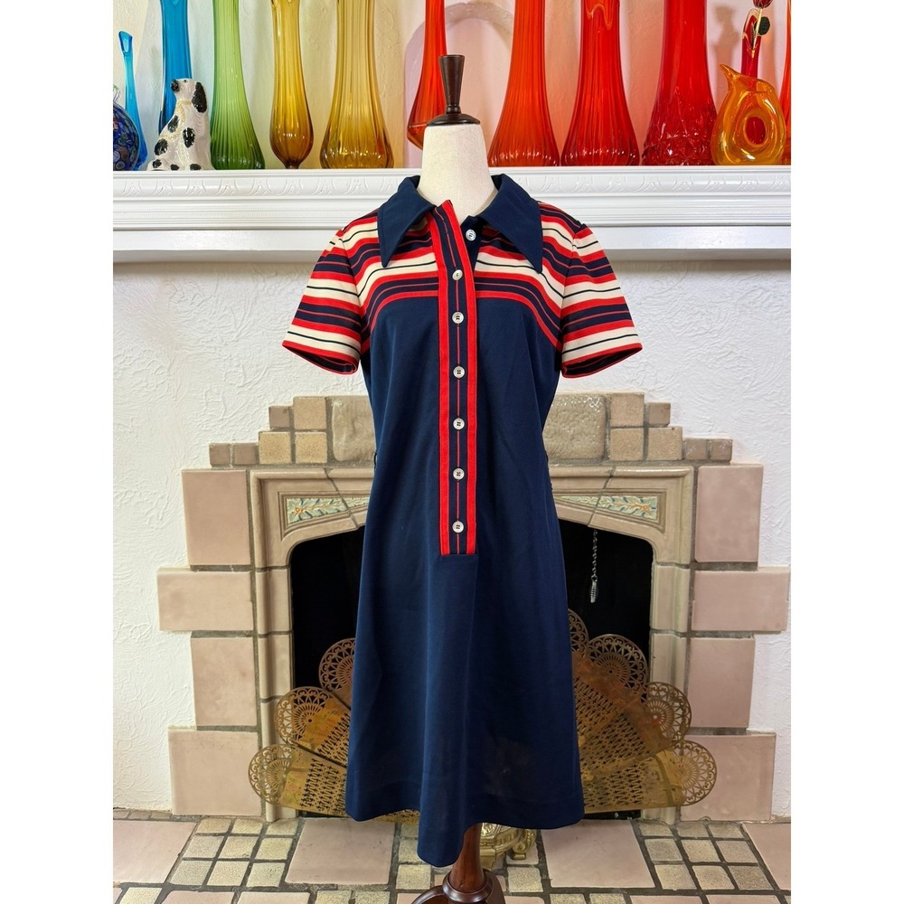 Verona Knits 70s Vintage Mod Navy Red Stripe Knit Midi Dress Pointed Collar S